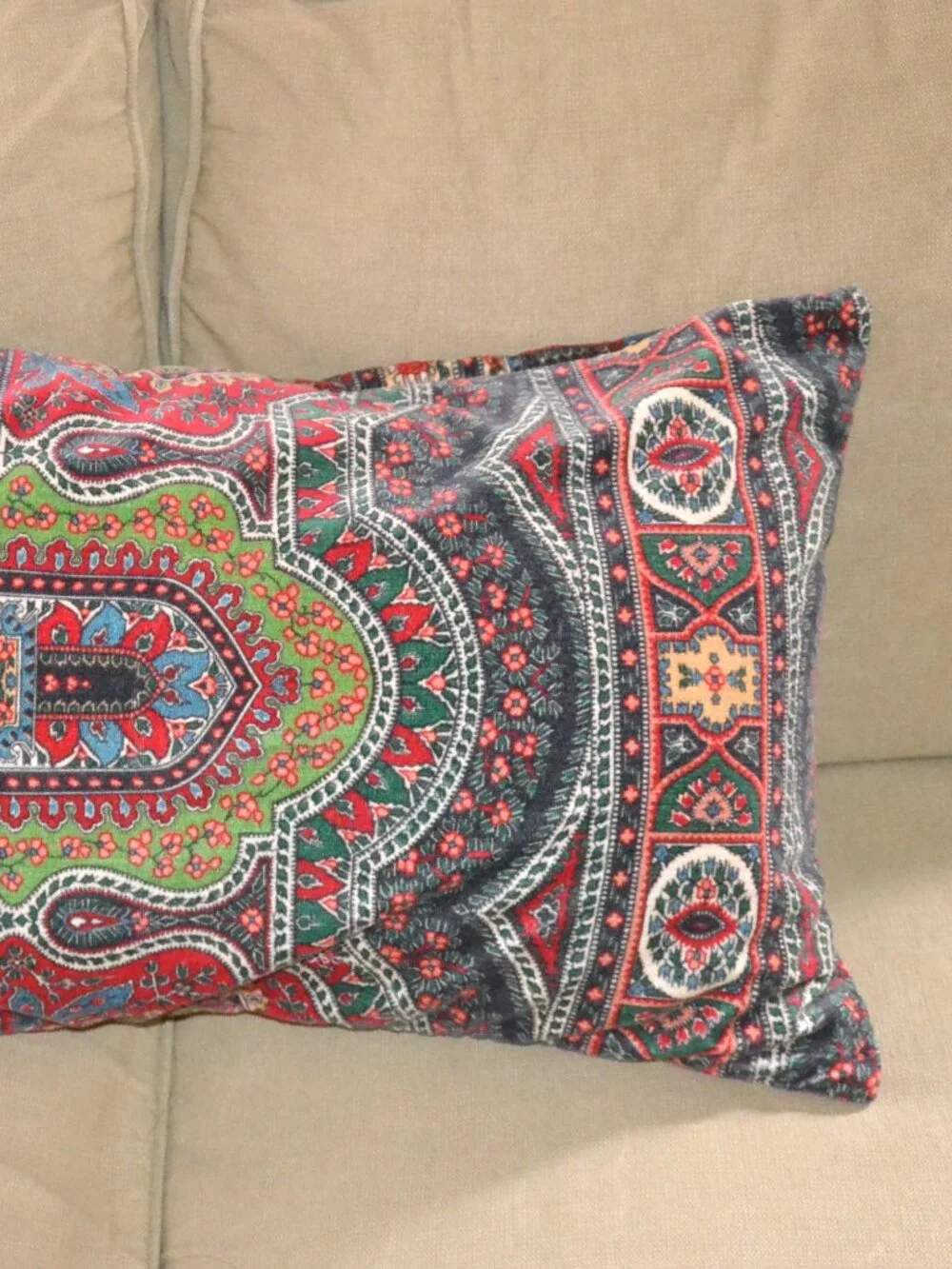 Pottery Barn Red Green Velvet Emira Print Lumbar Pillow Cover + Insert 16”x26”
